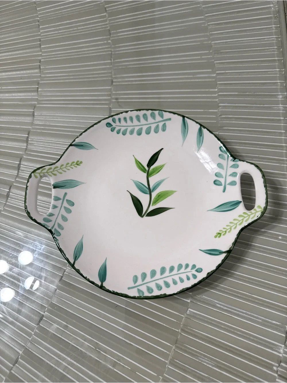 White Ceramic Serving Platter with Green Leaf Design and Handles
